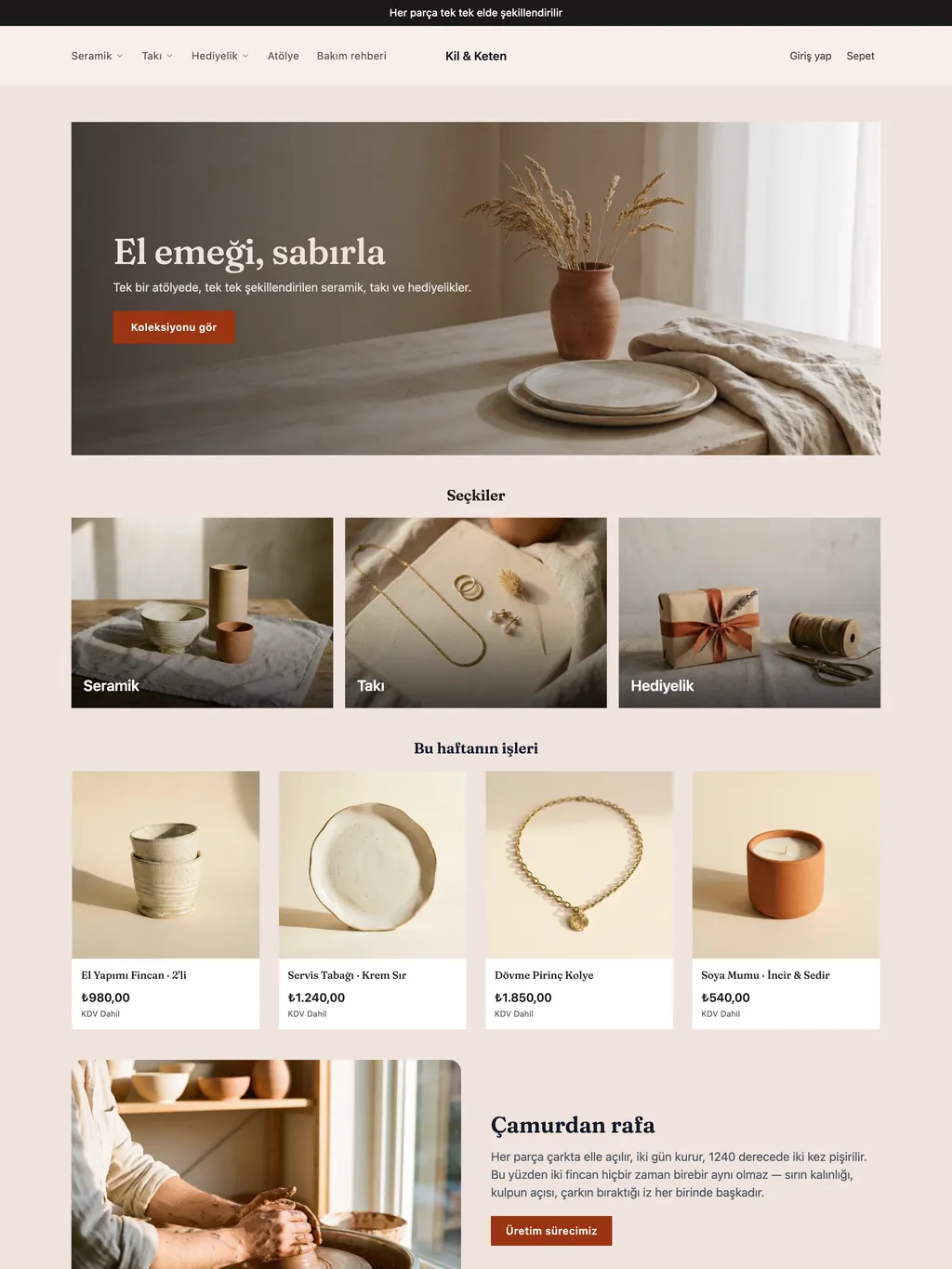 Atelier teması — Kil & Keten demo mağazasının anasayfası